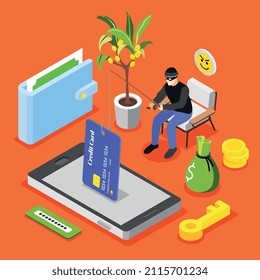 Bancos estafadores de fondo isométrico con composición de hacker de phishing con tarjeta de crédito y smartphone con ilustración de vector de dinero