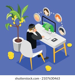 Banks scammers isometric background with view of table with laptop and human character making fraud calls vector illustration