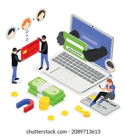 Banks scammers isometric composition with icons of magnet money laptop and stolen credit cards with people vector illustration
