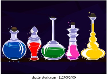 Banks of various shapes with multi-colored liquids stand in a row on the shelf