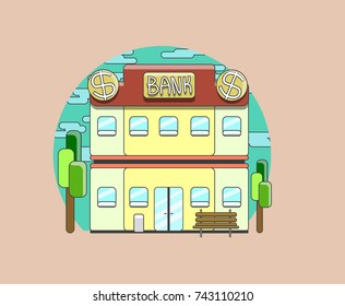 The bank's vector building with a bench, a garbage can (urn) and a tree