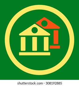 Banks vector icon. This flat rounded symbol uses orange and yellow colors and isolated on a green background.