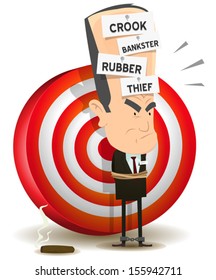 Bankster Punishment With Dartboard Illustration of a cartoon scenery with bad banker crook leader attached and prisoner with dart target behind