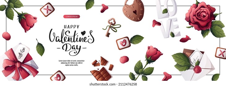 Banne design for Happy Valentine's Day with Gift box, roses, petals, lock and key, love letter. Romance, Love concept. Vector illustrations for poster, banner, advertising, invitation, flyer, cover.
