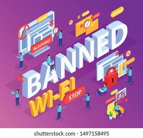 Banned 3d lettering with stop and lock signs in blocking internet users sites isometric composition vector illustration 