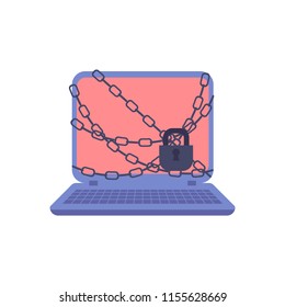 Acceso prohibido a la información y al concepto de recursos en estilo plano - portátil con cadenas y bloqueados con pantalla roja aislado en fondo blanco. Ilustración vectorial del dispositivo de equipo bloqueado.