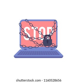Banned access to information and resources concept - chain-bound and locked laptop with red screen and sign Stop isolated on white background. Flat vector illustration of blocked computer device.