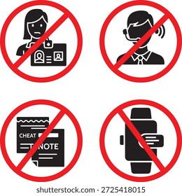 Banned exam cheating behavior prohibition icon set showing no cheat notes smart watch earbuds and identity impersonation silhouettes