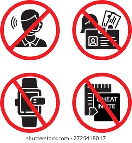 Banned exam cheating behavior prohibition icon set showing no cheat notes smart watch earbuds and identity impersonation silhouettes
