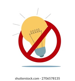 Banned idea. Bad, incorrect idea. Light bulb in a prohibition sign. Vector flat illustration