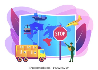 Banned products transportation, smuggling. Embargo regulation, sanctions goods, limited importation exportation of goods concept. Bright vibrant violet vector isolated illustration