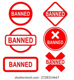 Banned sign set vector illustration flat design minimalist style red and white stamp icons isolated on white background for restricted access censorship blocked content and warning alerts