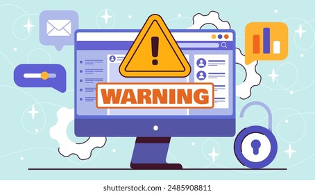 Banned system at computer. Error warning on computer monitor. Protection of personal data and information. Punishment for user, closed access. Flat vector illustration isolated on blue background