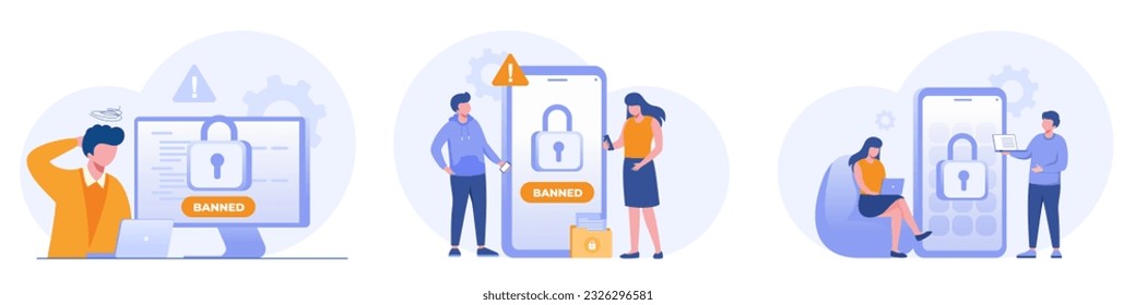 Banned system, connection, website, internet security, system computer, technology computing, hacked, flat design illustration vector banner and background