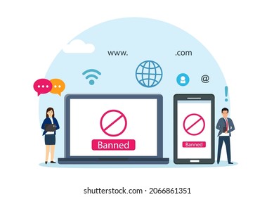 Banned vector concept. Two people sign in on the account with banned symbol while using digital device