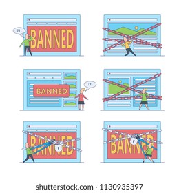 Banned website and access prohibition concept. Flat female, male characters standing, trying to brake chains of virtual or digital screen with site page locked by chains. Vector illustration.