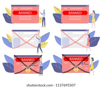 Banned website and access prohibition concept. Flat female, male characters standing, trying to brake chains of virtual or digital screen with site page locked by chains. Vector illustration.