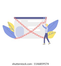 Banned website and access prohibition concept. Flat male character, man trying to break chains and lock of virtual or digital screens with site page with media, chats and communication windows. Vector