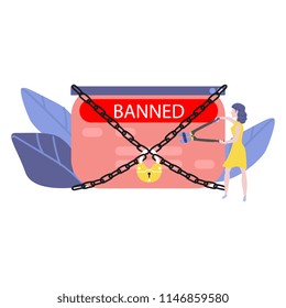 Banned website and access prohibition concept. Flat female character, woman trying to break chains and lock by bolt cutter of virtual or digital screens with site page with media chats windows. Vector