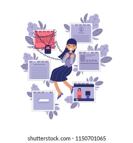 Banned website and access prohibition concept. Flat female character trying to break chains and lock of virtual or digital screens with site page with media, chats and communication windows. Vector