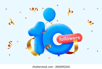 banner con 10 seguidores gracias en forma de globos azules 3d y confetti colorido. Ilustración vectorial 3d números para los medios sociales 10 seguidores, Blogger celebrando a los suscriptores, me gusta