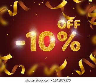 Banner 10 off with share discount percentage, Gold Ribbon Fly. Vector illustration