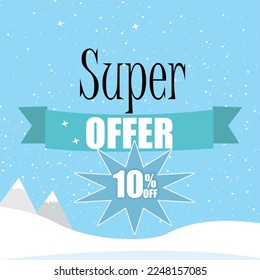 Banner 10% off, super winter offer of ten percent off with background with mountain and snow in blue color