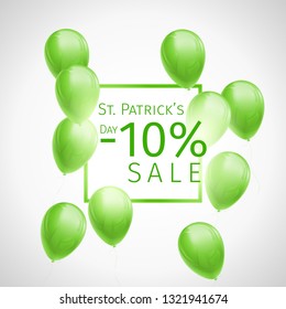 Banner with 10 percent discount for St. Patricks Day with flying green and white balloons and frame