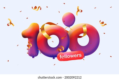 pancarta con 100 seguidores gracias globos violeta 3d y confetti colorido. Ilustración vectorial 3d números para medios sociales 100 seguidores gracias, Blogger celebrando a los suscriptores, me gusta