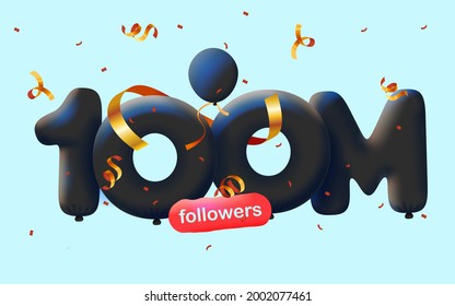 banner with 100M followers thank you 3d black balloons and colorful confetti. Vector illustration 3d numbers for social media 100000000 followers thanks, Blogger celebrating subscribers, likes