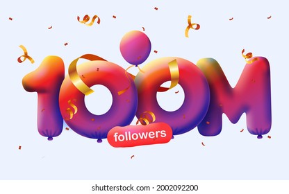 banner with 100M followers thank you 3d Purple Violet balloons and colorful confetti. Vector illustration 3d numbers for social media 100000000 followers thanks, Blogger celebrating subscribers, likes