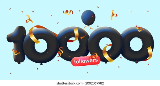 banner with 10K followers thank you in form of 3d black balloons and colorful confetti. Vector illustration 3d numbers for social media 10000 followers thanks, Blogger celebrating subscribers, likes
