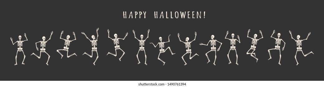 Banner of 13 dancing and jumping skeletons isolated on a black background. Happy Halloween. Vector illustration