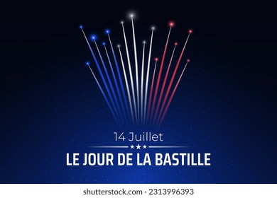 Banner 14 july bastille day in france, template with french colorful fireworks on dark sky background. Fireworks france flag. French national holiday. Vector. Translation: July 14 Bastille Day