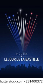 Banner 14 july bastille day in france, template with french colorful fireworks on dark sky background. Fireworks france flag. French national holiday. Vector. Translation: July 14 Bastille Day