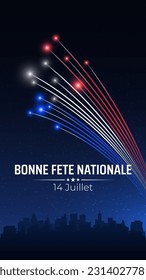 Banner 14 july bastille day in france, template with french colorful fireworks on dark sky background. French national holiday. Fireworks france flag. Vector. Translation: Happy National Day July 14