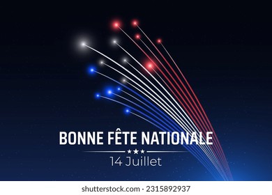 Banner 14 july bastille day in france, template with french colorful fireworks on dark sky background. French national holiday. Fireworks france flag. Vector. Translation: Happy National Day July 14