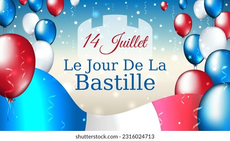 Banner 14 july bastille day in france. French waving flag, multicolor balloons. Background with flying tricolor flag and confetti. French national holiday. Vector. Translation: July 14 Bastille Day