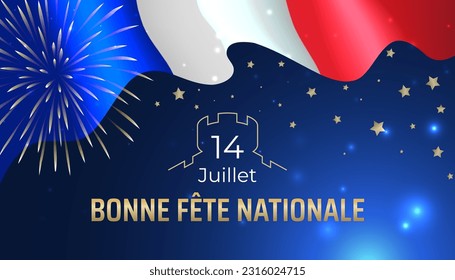 Banner 14 july bastille day in france, template with french flag, golden stars on dark blue sky background. French national holiday. Waving france flag. Vector. Translation: July 14 Happy National Day