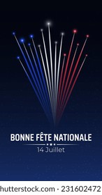 Banner 14 july bastille day in france, template with french colorful fireworks on dark sky background. French national holiday. Fireworks france flag. Vector. Translation: Happy National Day July 14