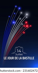 Banner 14 july bastille day in france, template with french colorful fireworks on dark sky background. Fireworks france flag. French national holiday. Vector. Translation: July 14 Bastille Day