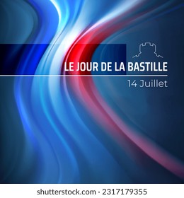 Banner 14 july bastille day in france. French national holiday. Blurred pattern of light colors lines of the french flag in blue sky. Abstract france flag. Vector. Translation:  Bastille Day July 14