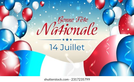 Cartel 14 de julio, día de la Bastilla en francia. Festividad nacional francesa. Bandera de ondeo francesa, globos multicolor. Antecedentes. Bandera tricolor volando, confetti. Vector. Traducción: Feliz Día Nacional 14 de julio