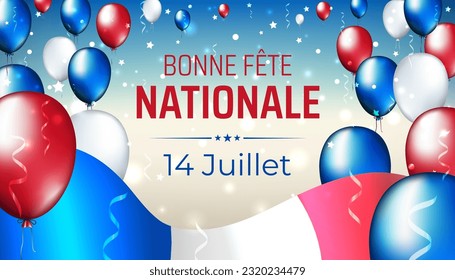 Banner 14 july bastille day in france. French national holiday. French waving flag, multicolor balloons. Background. Flying tricolor flag, confetti. Vector. Translation: Happy National Day July 14