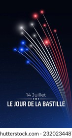 Cartel 14 de julio Día de la Bastilla en francia, plantilla con fuegos artificiales coloridos franceses sobre fondo del cielo oscuro. Bandera de fuegos artificiales francia. Festividad nacional francesa. Vector. Traducción: 14 de julio Día de la Bastilla