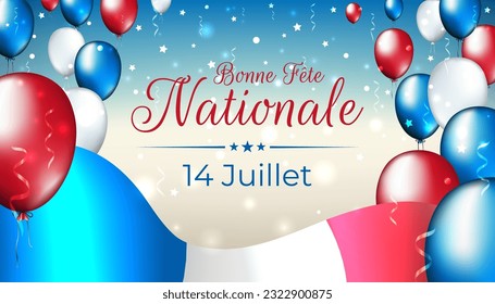 Cartel 14 de julio, día de la Bastilla en francia. Festividad nacional francesa. Bandera de ondeo francesa, globos multicolor. Antecedentes. Bandera tricolor volando, confetti. Vector. Traducción: Feliz Día Nacional 14 de julio