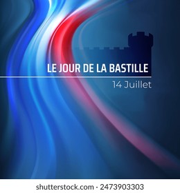 Anuncio 14 de julio día de la bastilla en francia. Fiesta nacional francesa. Patrón borroso de colores claros líneas de la bandera francesa en el cielo azul. Abstractas bandera de francia. Vector. Traducción: Día de la Bastilla 14 de julio