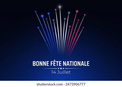 Banner 14 july bastille day in france, poster with french colorful fireworks on dark sky background. Fireworks france flag. French national holiday. Vector. Translation: Happy National Day July 14