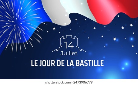 Banner 14 july bastille day in france, poster with french flag, fireworks, stars on dark blue sky background. French national holiday. Waving france flag. Vector. Translation: July 14 Bastille Day