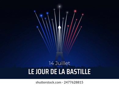 Banner 14 july bastille day in france, poster with french colorful fireworks on dark sky background. Fireworks france flag. French national holiday. Vector. Translation: July 14 Bastille Day